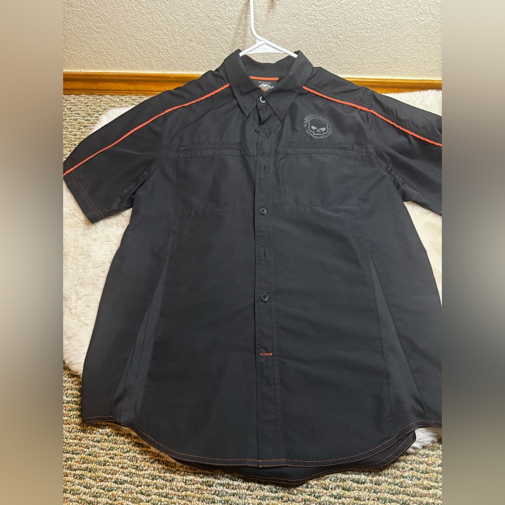 Harley-Davidson Black Short-Sleeve Button-Up Shirt with Orange Piping